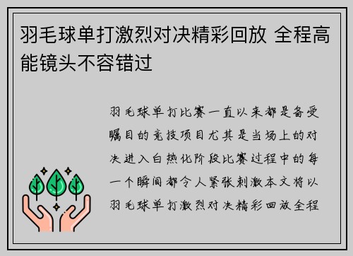 羽毛球单打激烈对决精彩回放 全程高能镜头不容错过