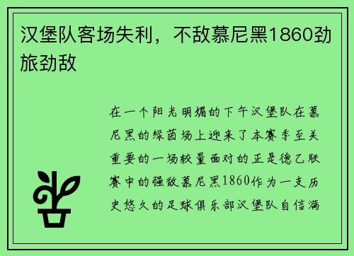 汉堡队客场失利，不敌慕尼黑1860劲旅劲敌