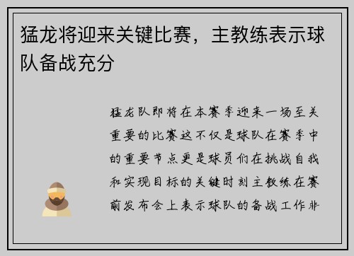 猛龙将迎来关键比赛，主教练表示球队备战充分